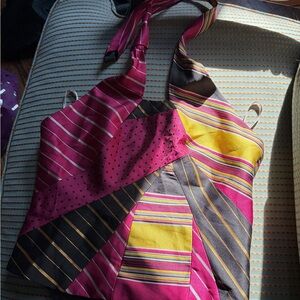 Karen Millen Black Satin Lined halter top with Pink Striped ties. Size 6